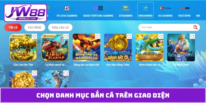 Chọn danh mục bắn cá trên giao diện